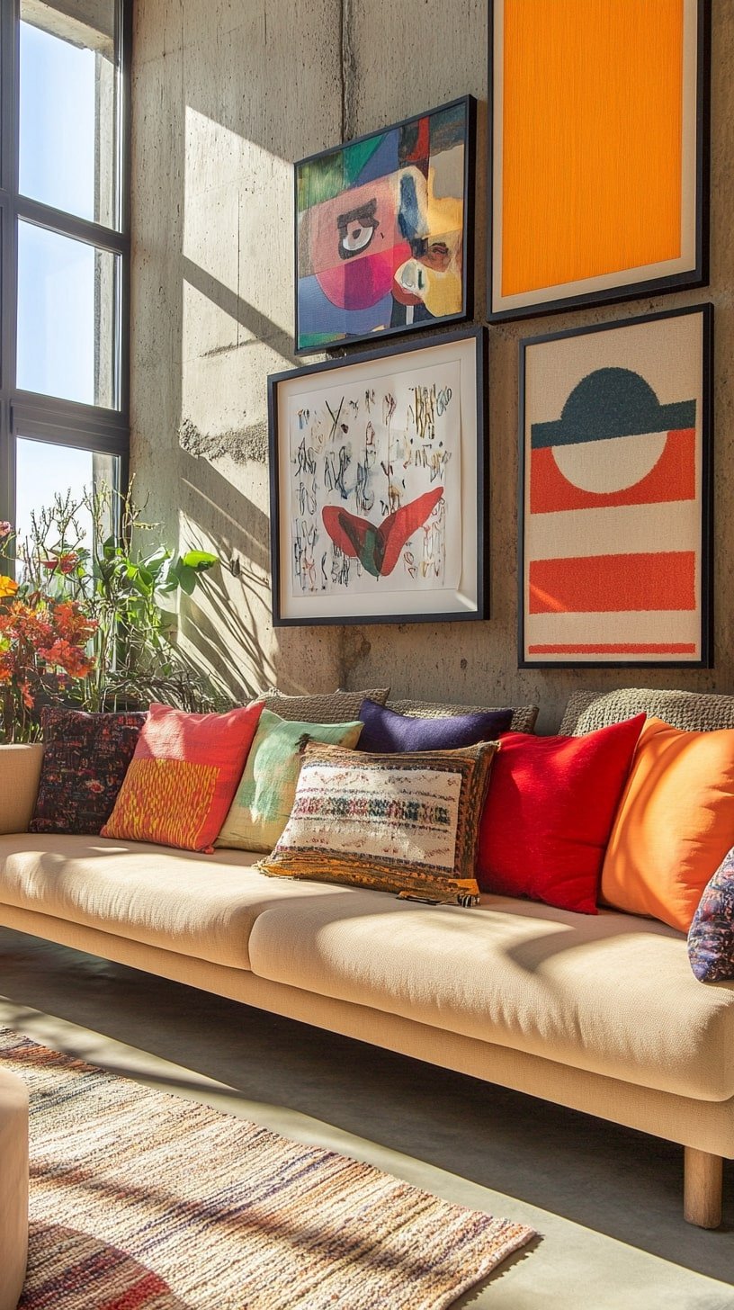 Artistic Living Room with Bold Decor and Tan Sofa