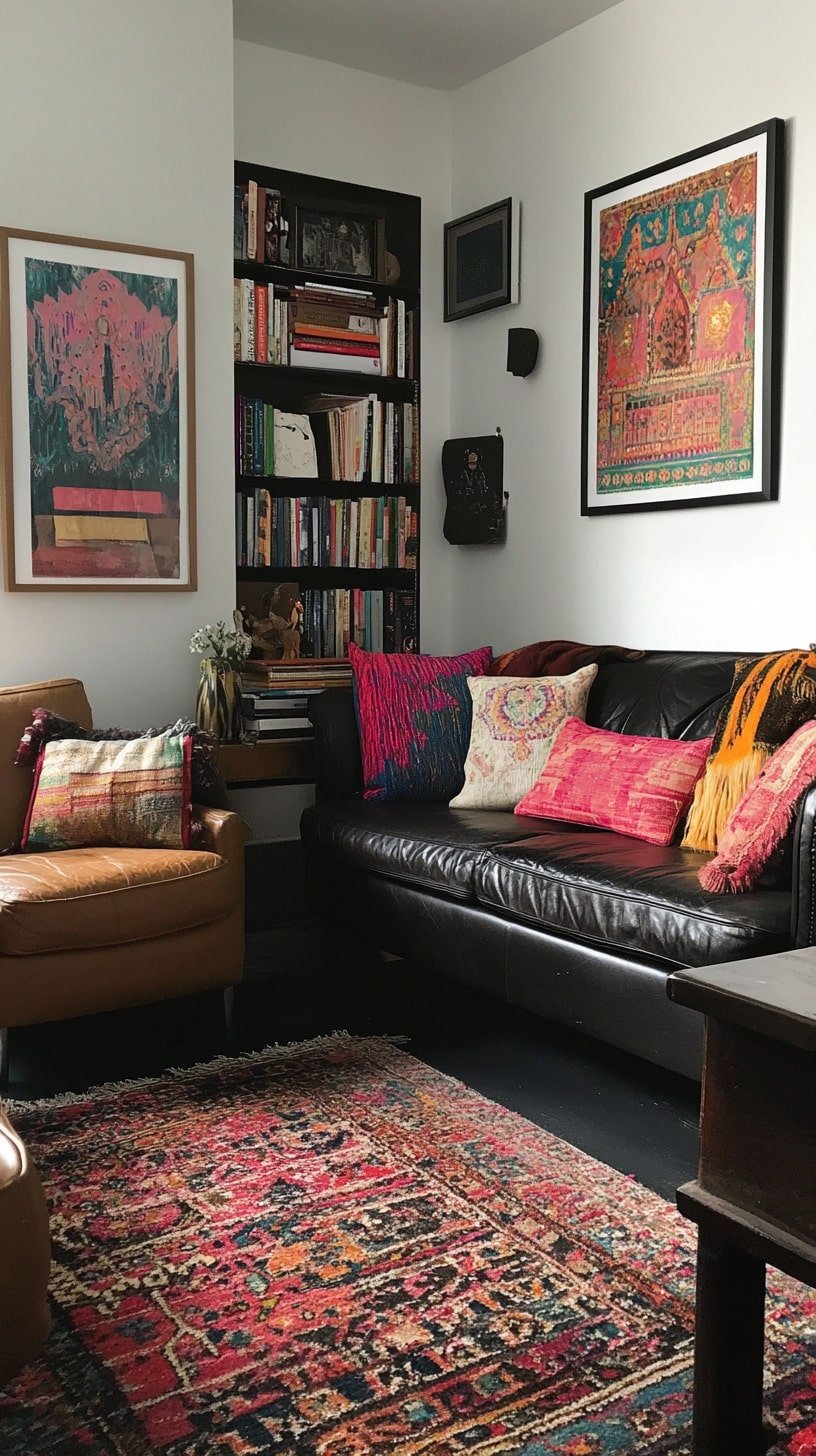 Artistic Living Room with Cognac Leather and Vintage Rugs
