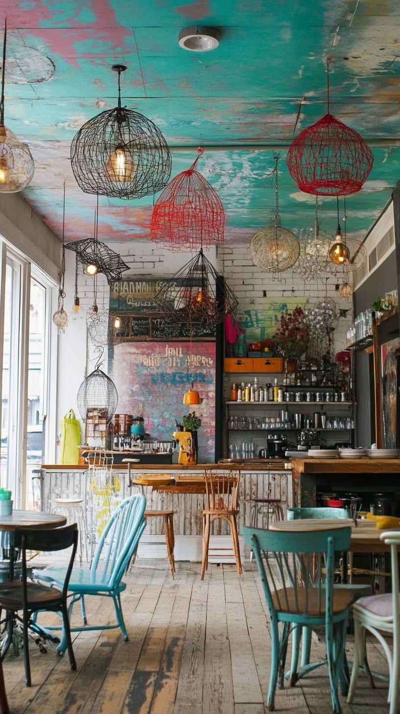  Artistic Studio Space with Painted Walls and Hanging Sculptures