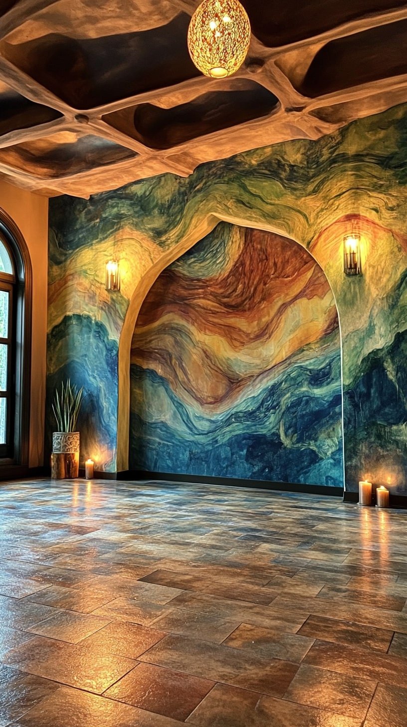 Artistic Yoga Room with Abstract Mural and Soft Lighting