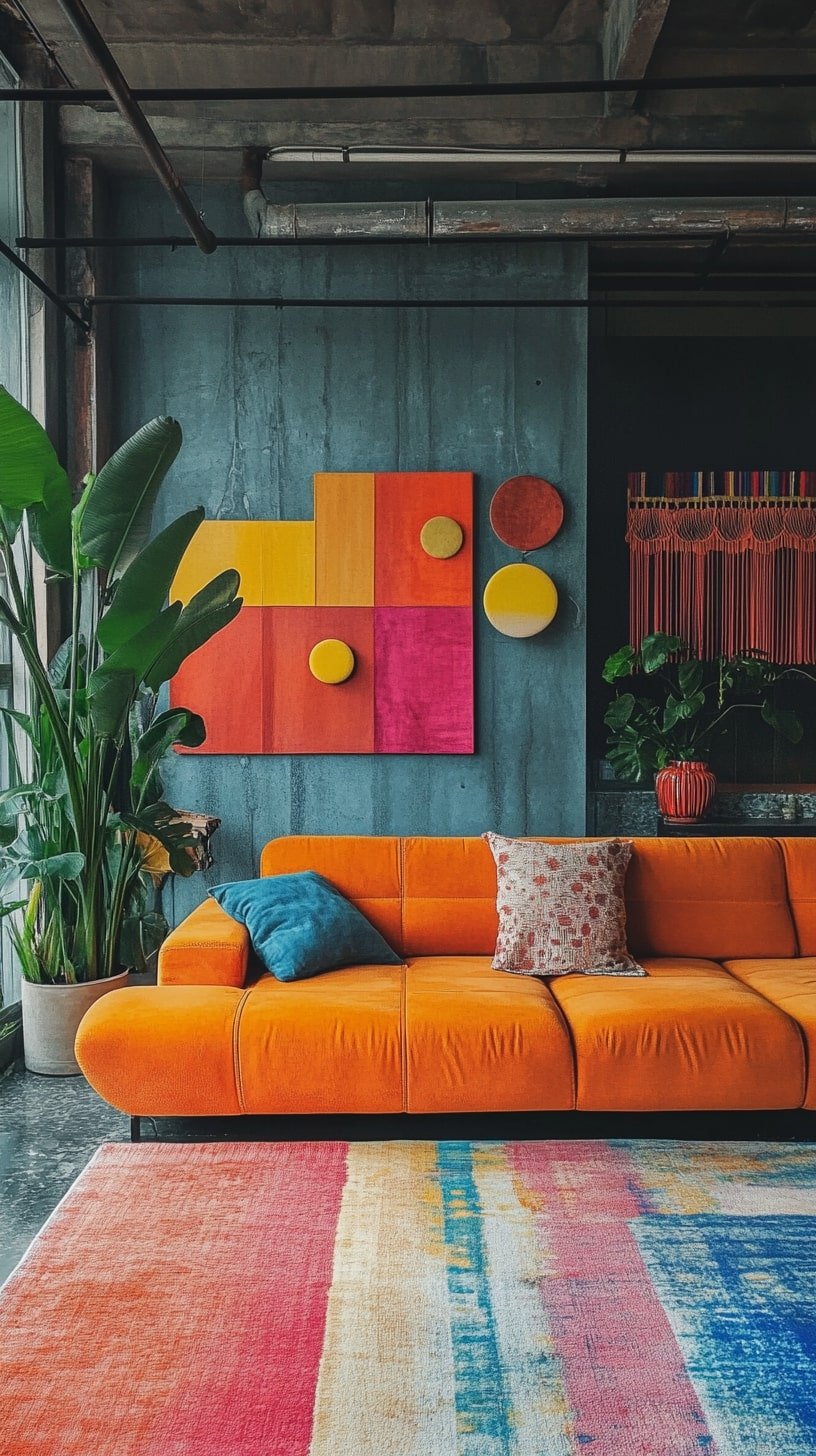 Artsy Loft with Bright Orange Couch and Bold Color Blocking