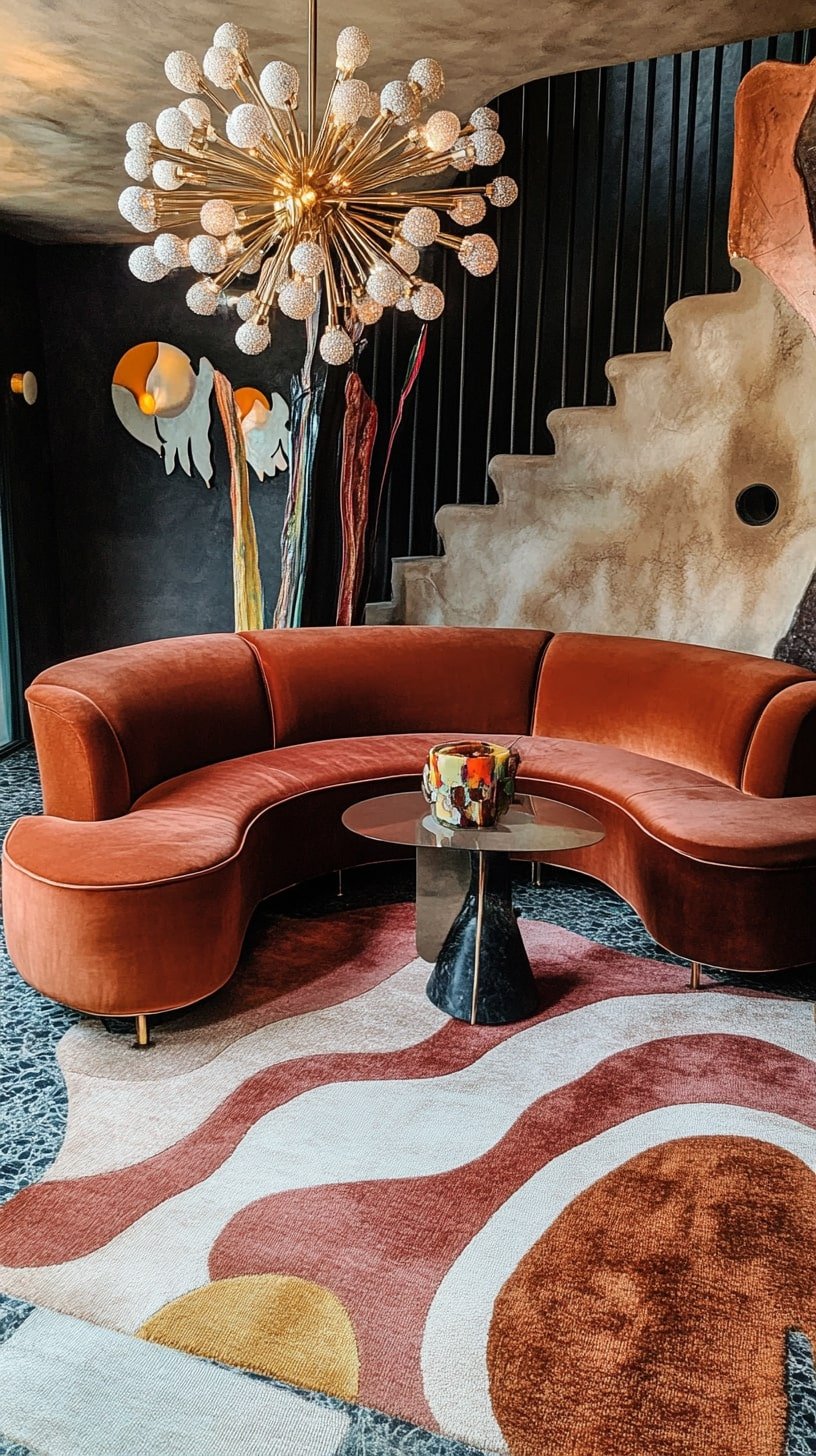Atomic Age-Inspired Living Room with Curved Furniture and Retro Patterns