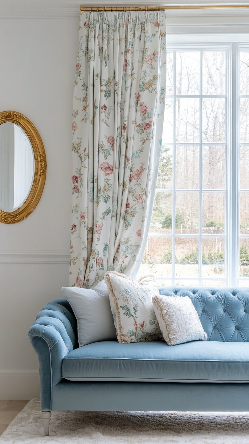 Baby Blue Sofa in Feminine French-Inspired Living Room