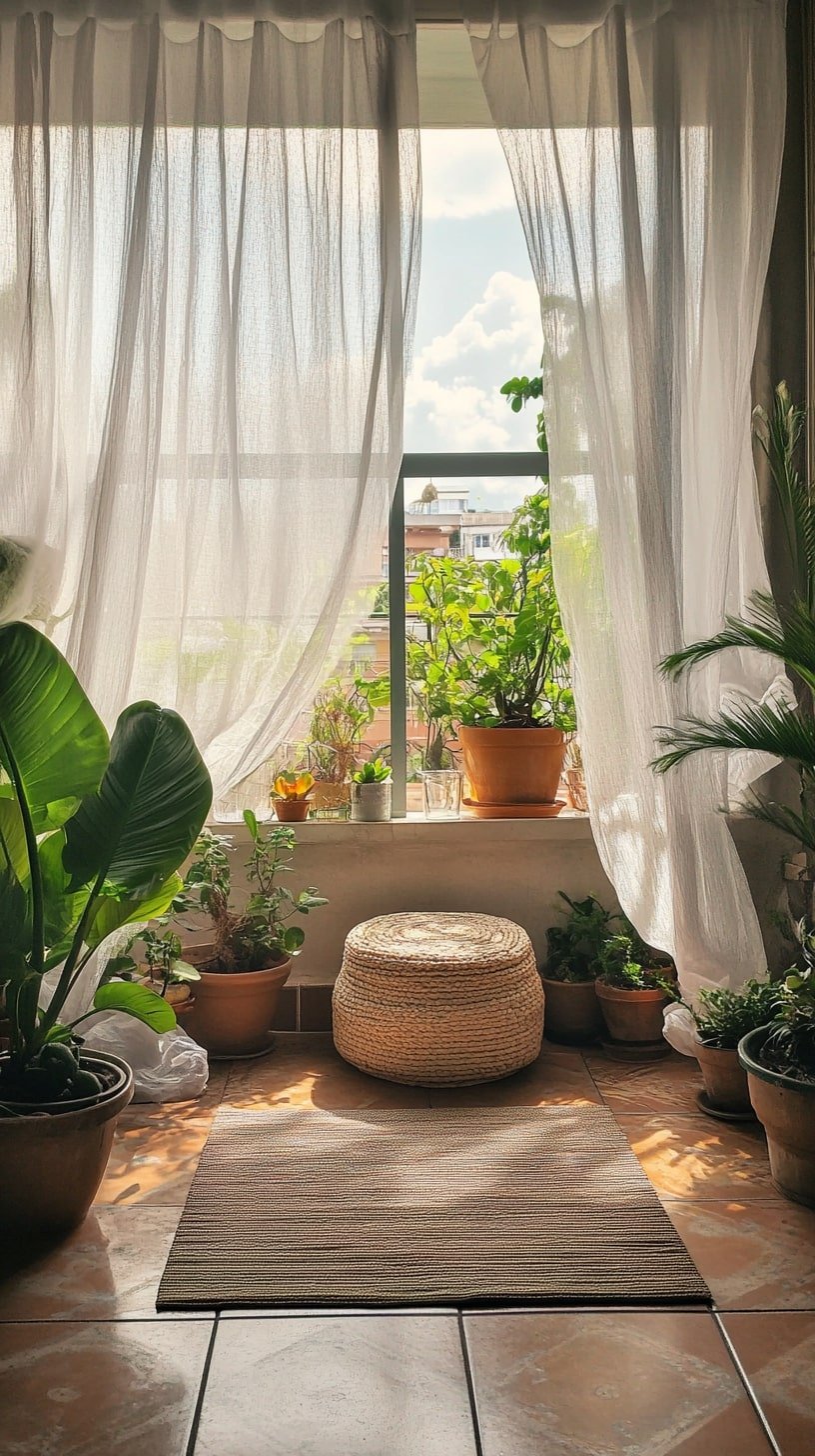 Backyard Patio Yoga Nook with Cushions and Plants