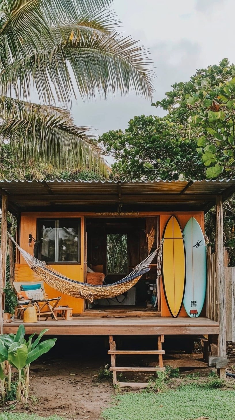 Backyard Surf Shack with Tin Roof and Open Lounge Area