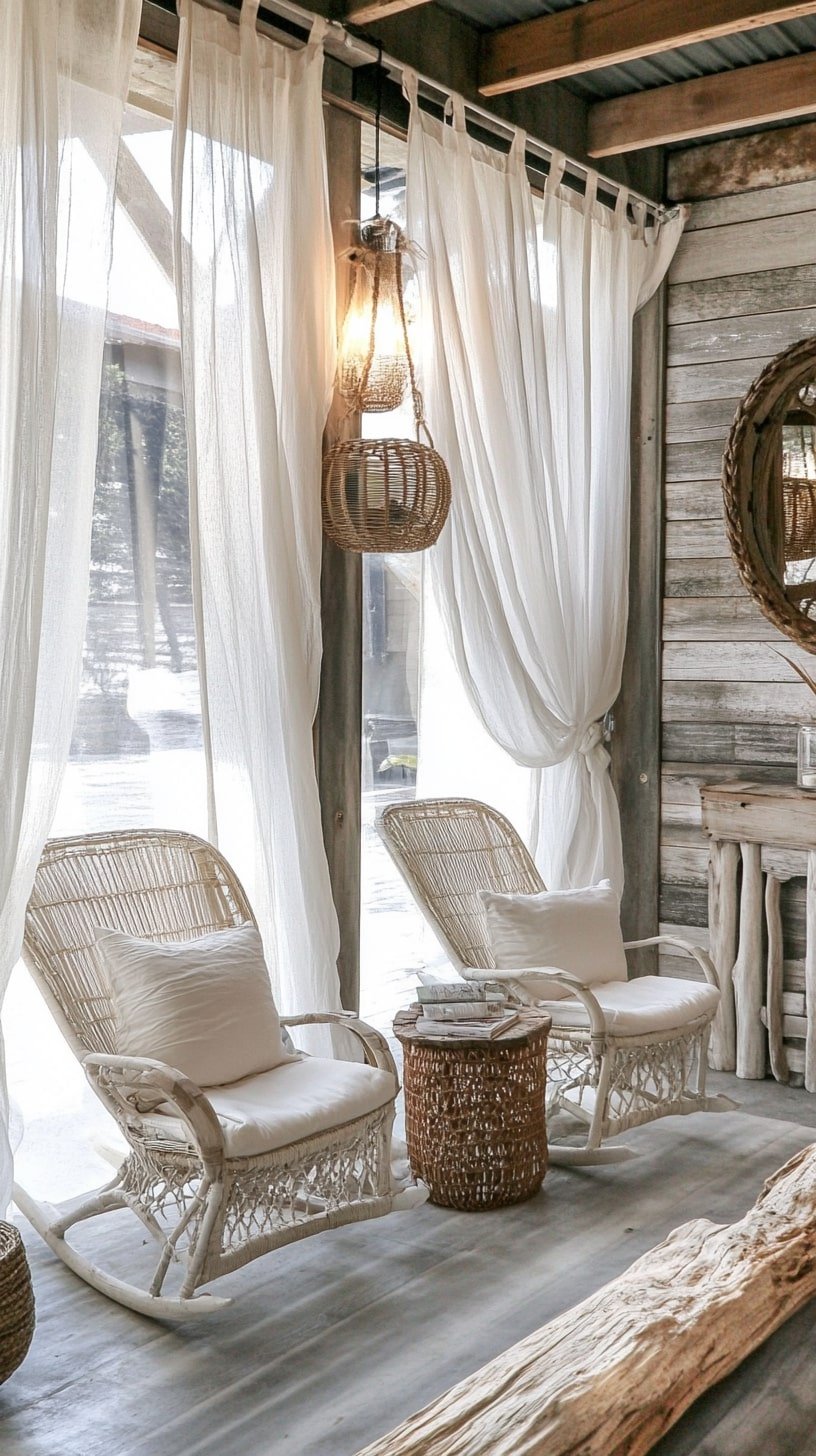 Beachfront Mediterranean Living Room with Sheer Curtains and Wicker Chairs