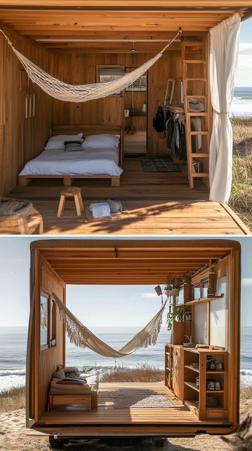 Beachfront Tiny House with Fold-Out Deck and Hammock
