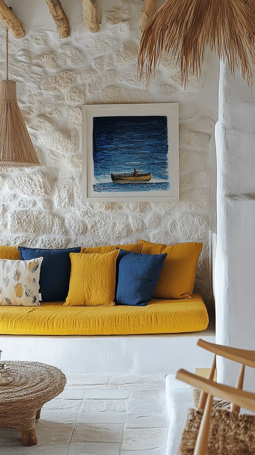 Beachy Living Room with Yellow Couch and Blue Accents