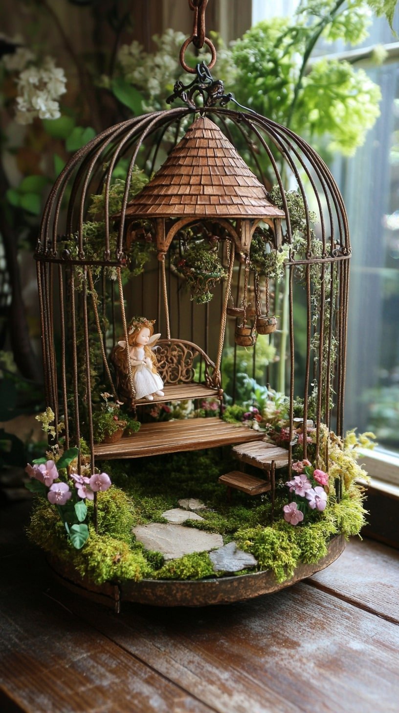 Birdcage Fairy Garden with Swing and Mini Gazebo