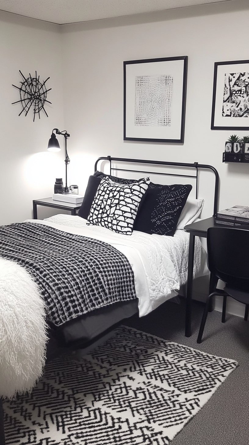 Black and White Dorm Theme with Graphic Prints