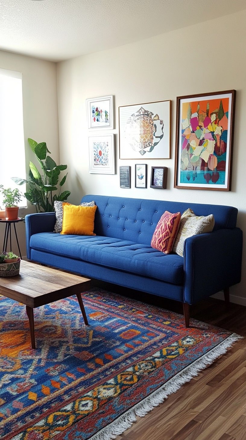 Blue Couch in Maximalist Room with Bold Prints and Art