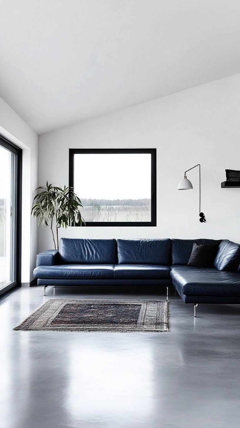 Blue Leather Sofa in Sleek Contemporary Living Room