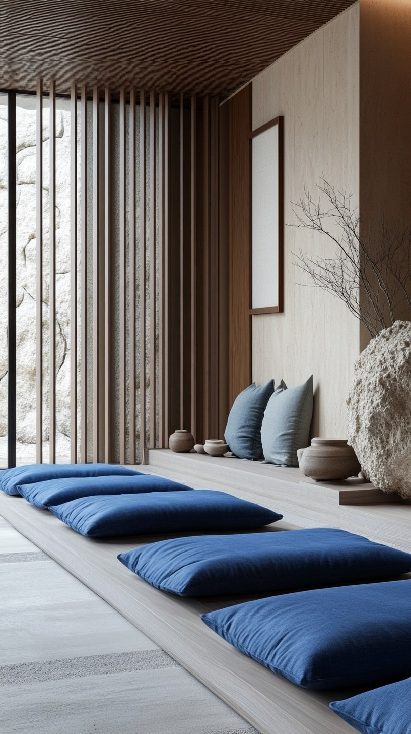 Blue Modular Sectional in Neutral Japandi-Inspired Room