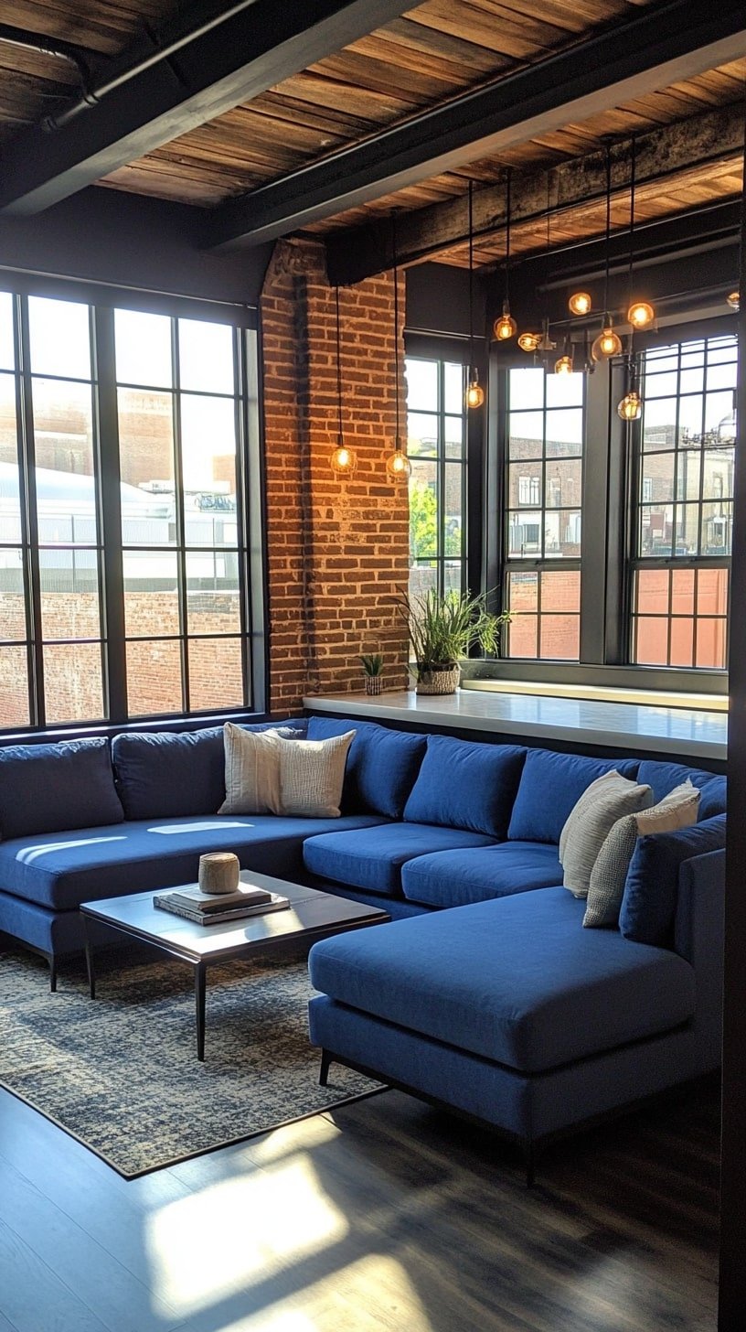 Blue Sectional in Open-Concept Loft with Industrial Decor