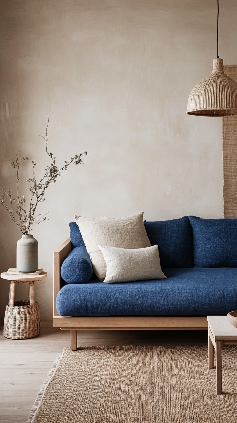 Blue Sofa in Neutral Living Room with Linen and Wood Accents
