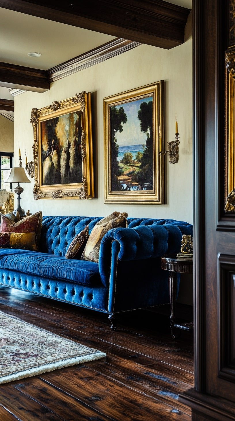 Blue Tufted Couch with Brass Details and Classic Artwork