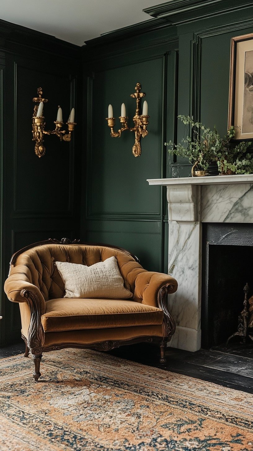 Blue Velvet Loveseat in Elegant Parlor with Marble Fireplace