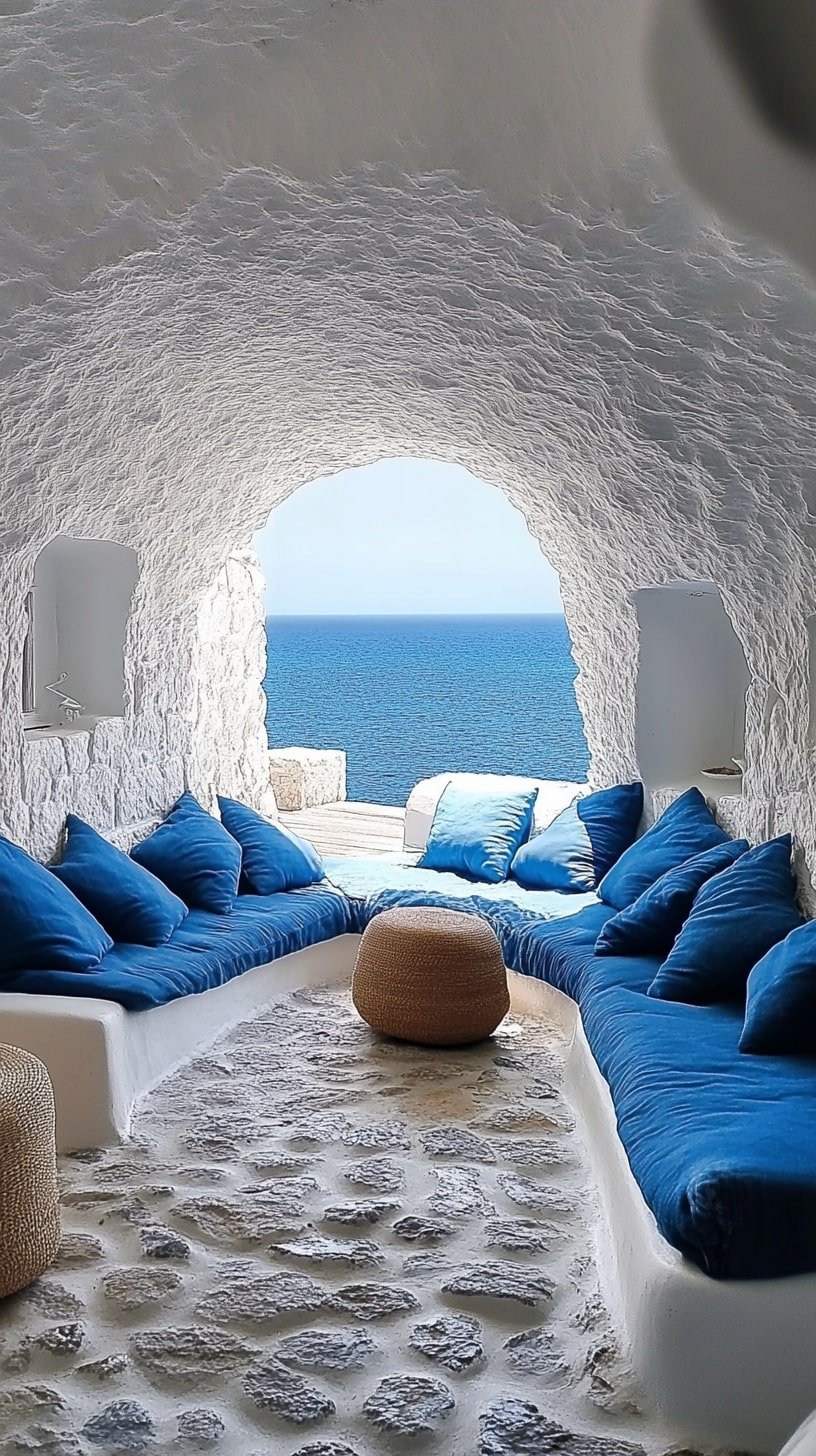 Blue and White Santorini-Inspired Living Room with Sea Accents