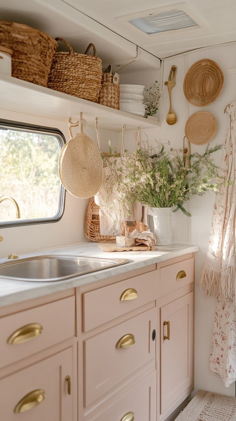 Blush-Toned Cabinets and Woven Wall Baskets
