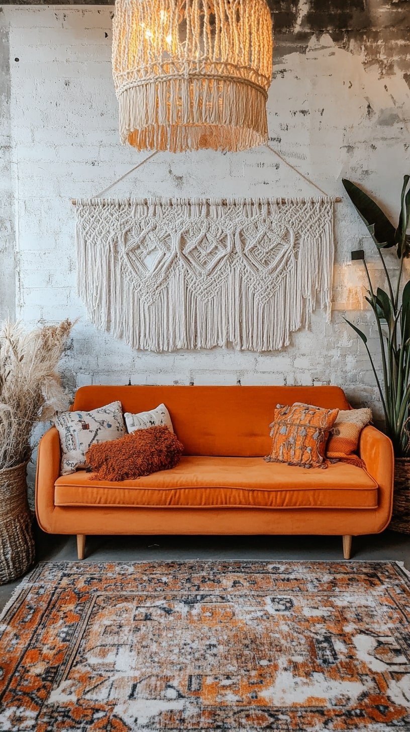 Boho Chic Room with Orange Couch and Macramé Wall Hanging