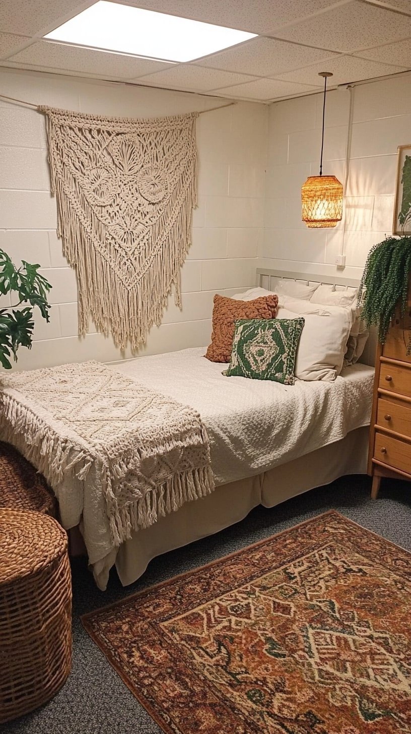 Boho Dorm Setup with Macramé and Rattan Accents