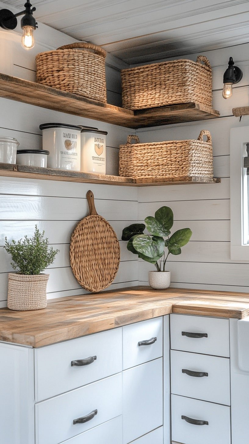Boho Farmhouse RV Kitchen with Shiplap and Open Shelves