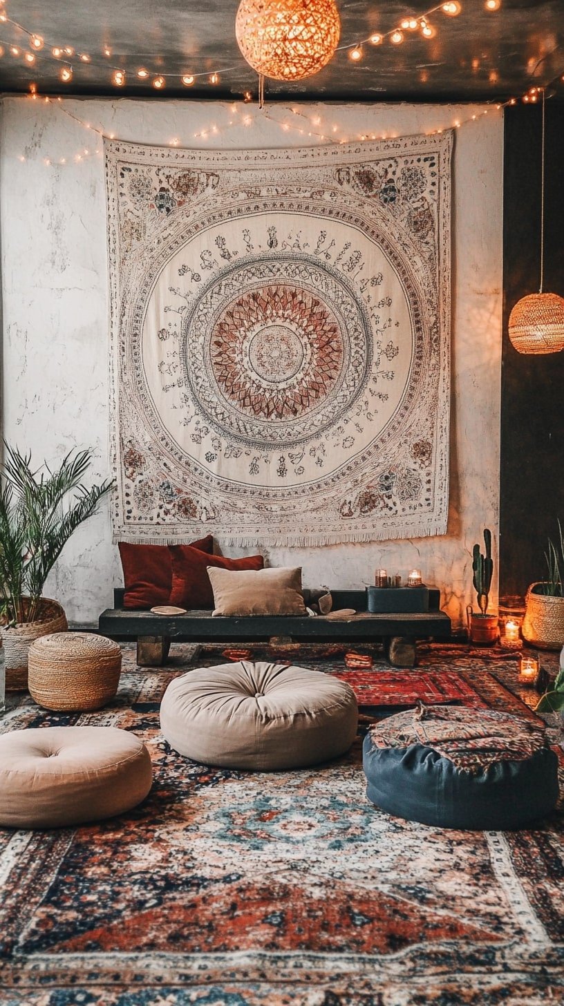 Boho Home Yoga Studio with Floor Poufs and Tapestry