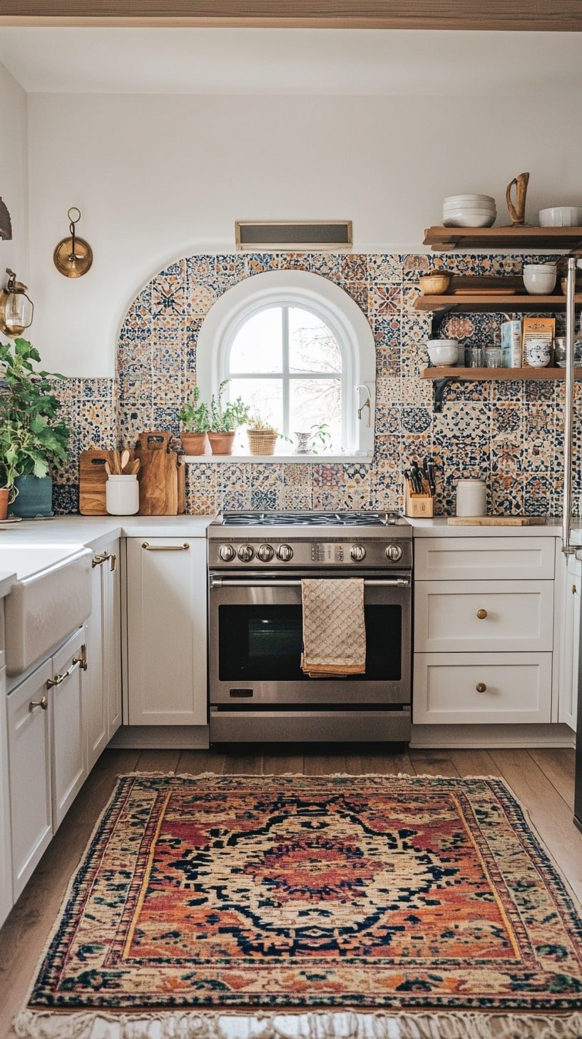 Boho Kitchenette with Colorful Tiles and Layered Rugs