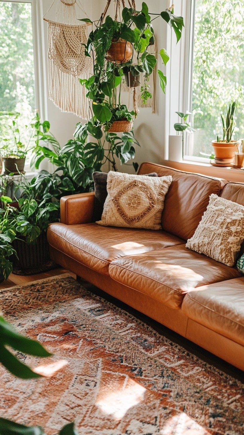 Boho Living Room with Cognac Couch, Plants, and Macramé Wall Art