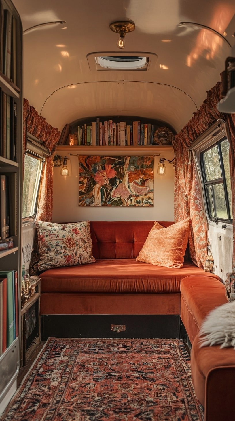 Boho-Luxe Van with Built-In Bookshelves and Velvet Cushions