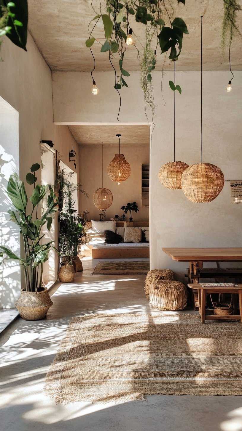 Boho Narrow Living Room with Hanging Plants and Patterned Runner