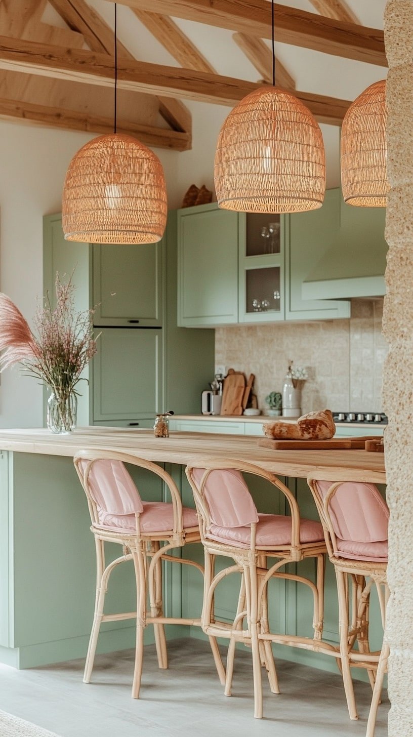  Boho Open Living Kitchen with Rattan Decor and Soft Pastels