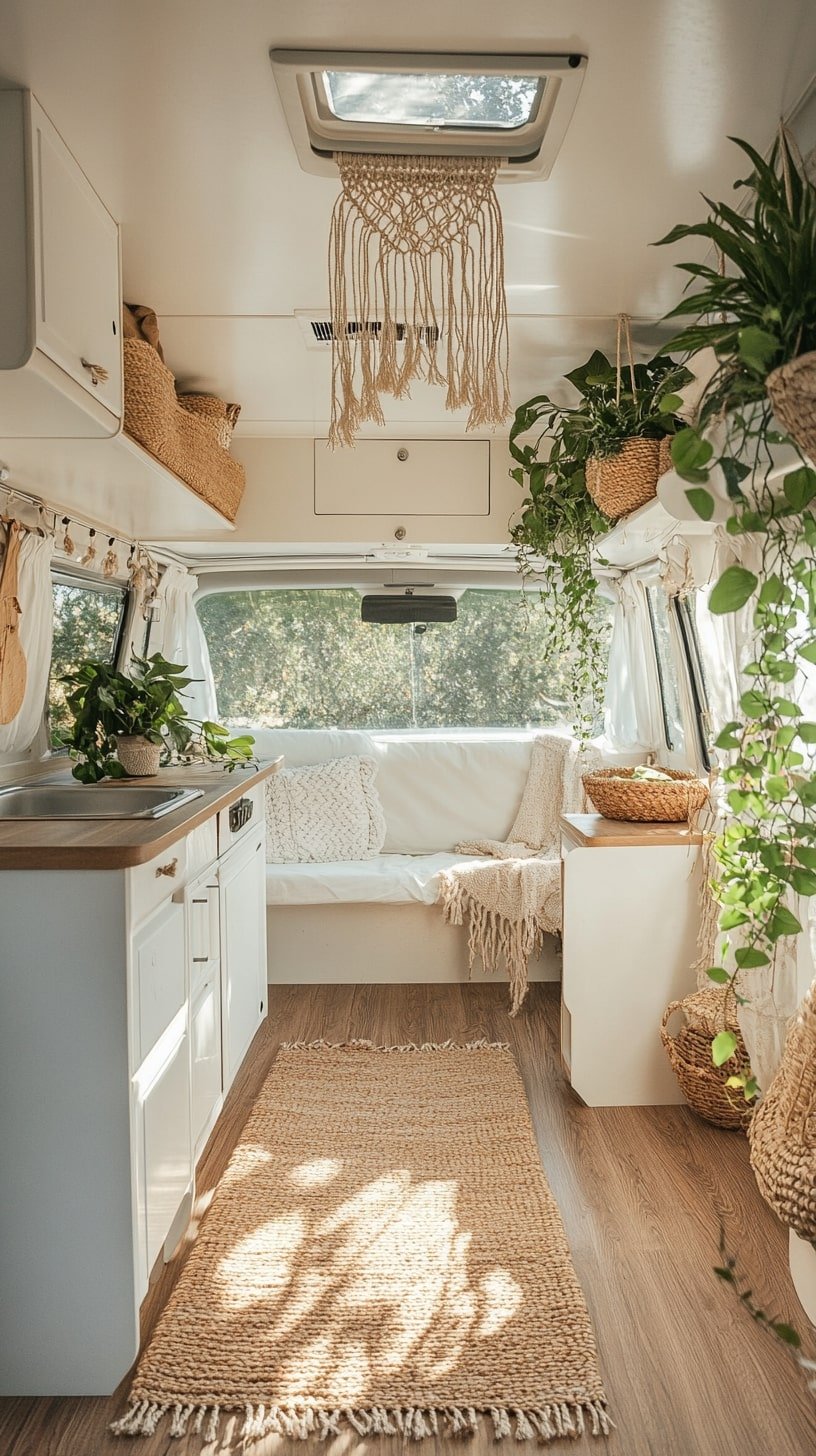 Boho RV Kitchen with Slide-Out Pantry and Macramé Accents