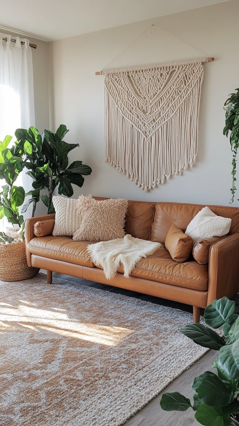 Boho-Style Room with Woven Decor and Tan Couch
