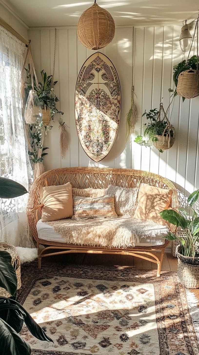 Boho Surf Shack Living Room with Rattan Furniture