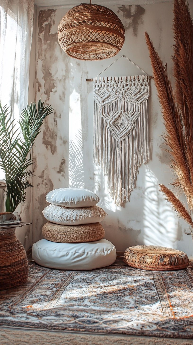 Boho Yoga Corner in a Home with Macramé and Poufs