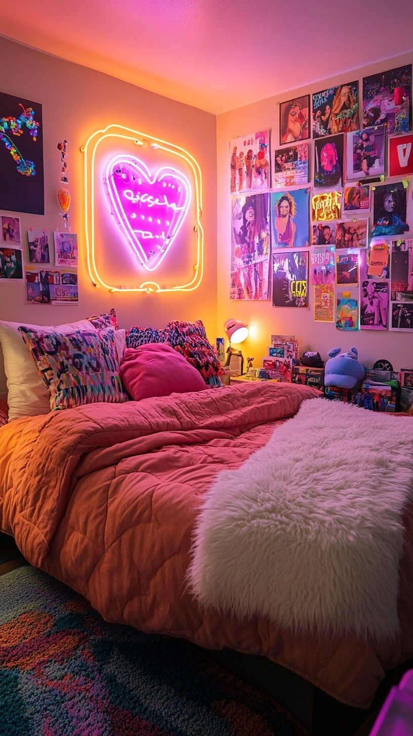 Bold Dorm Decor with Neon Signs and Wall Collage
