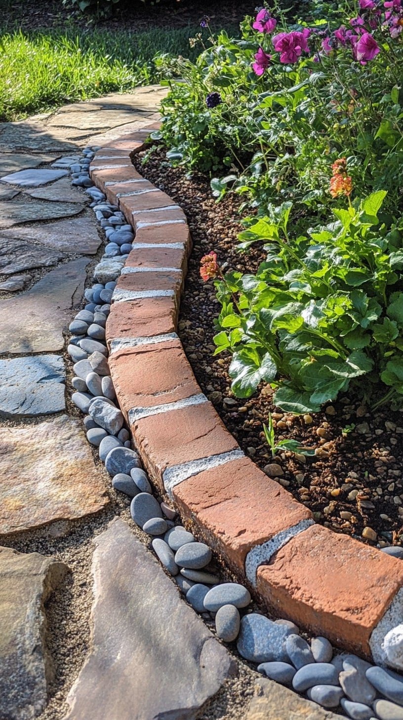 Brick Edge with Pebble Infill Between Path and Bed