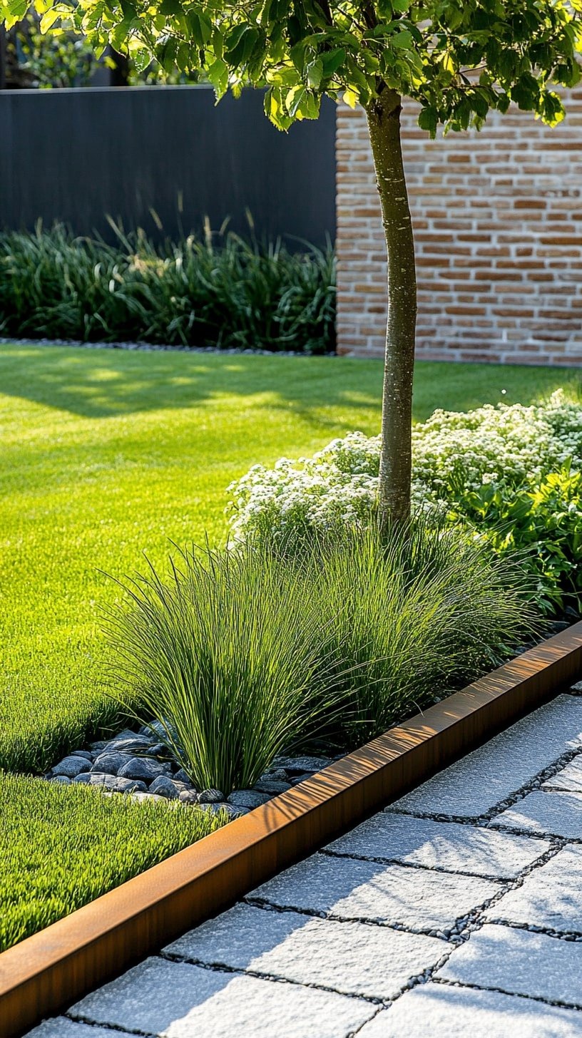 Brick and Steel Combo Edging for Contemporary Garden