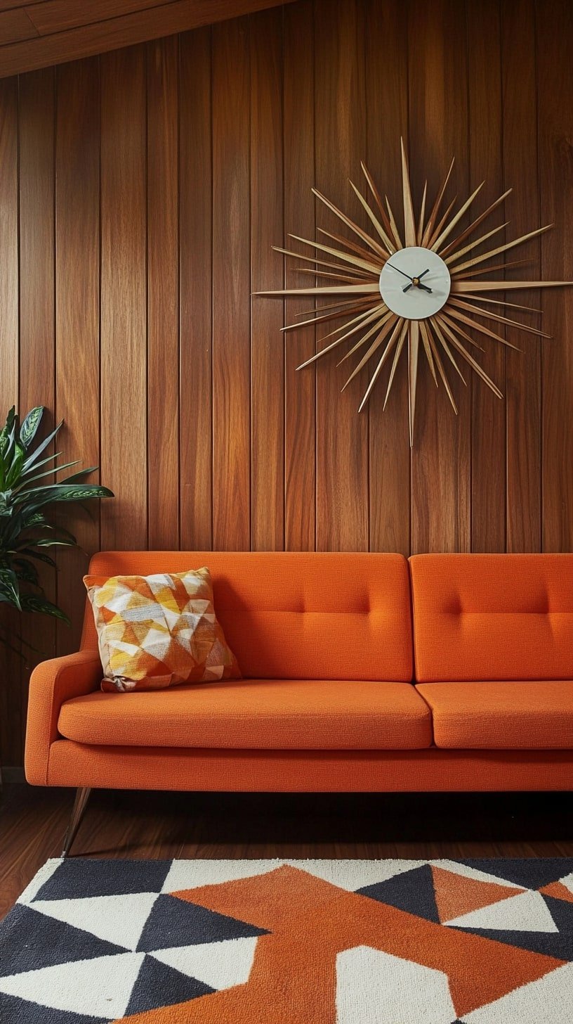 Bright Living Room with Orange Sofa and Starburst Clock