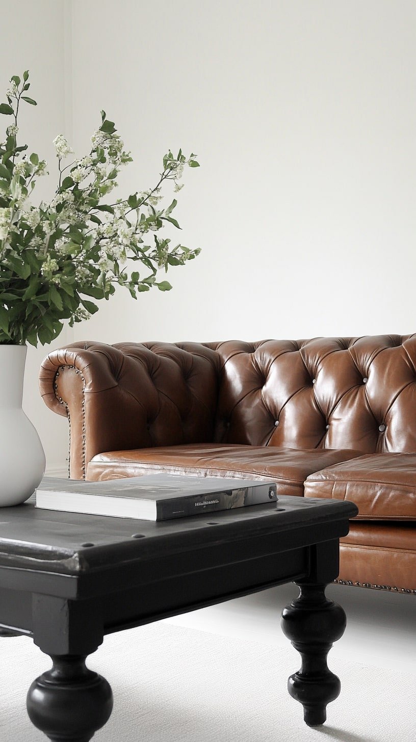 Bright Living Room with White Walls and Cognac Sofa Pop