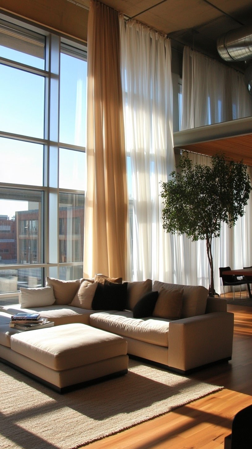  Bright Modern Living Room with Tan Sectional and Sheer Curtains