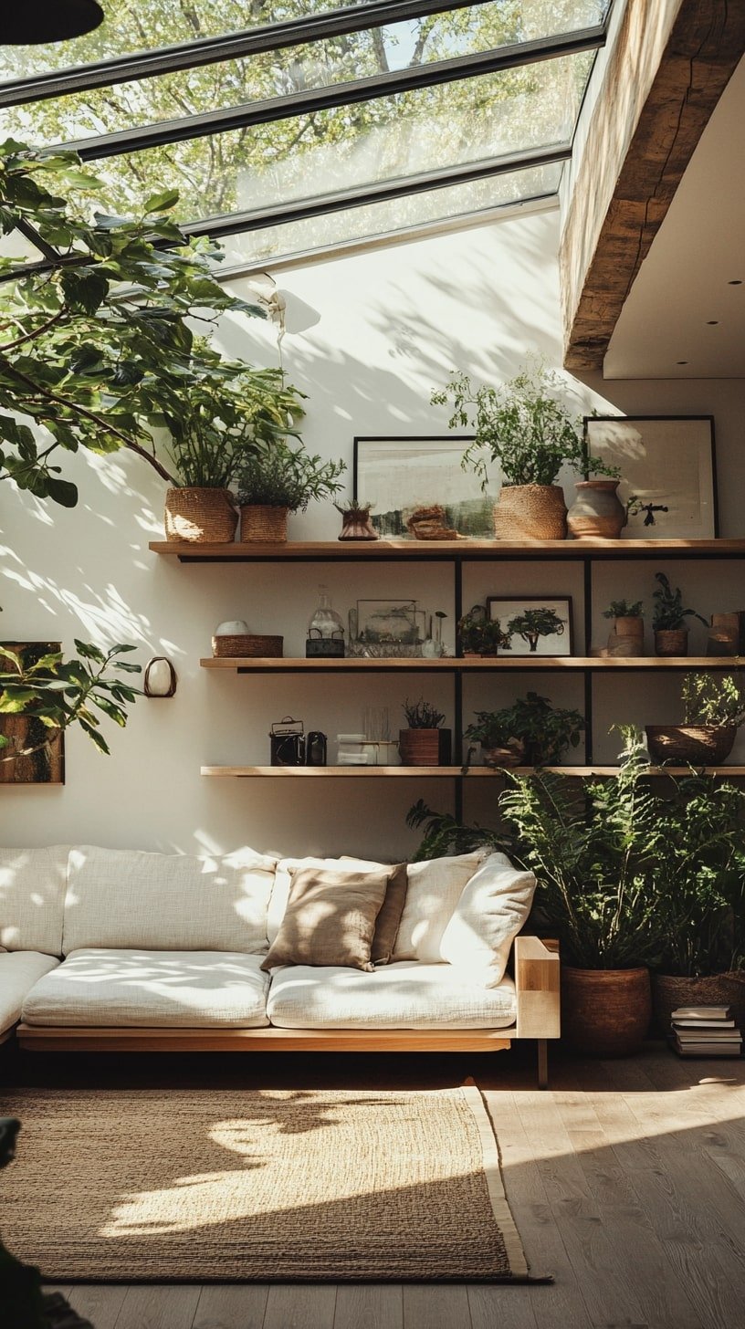 Bright Tiny Home Living Room with Skylight and Plants