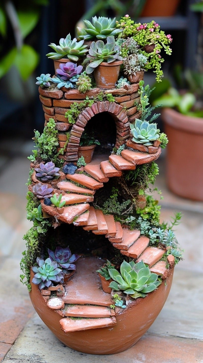 Broken Pot Fairy Garden with Cascading Plants