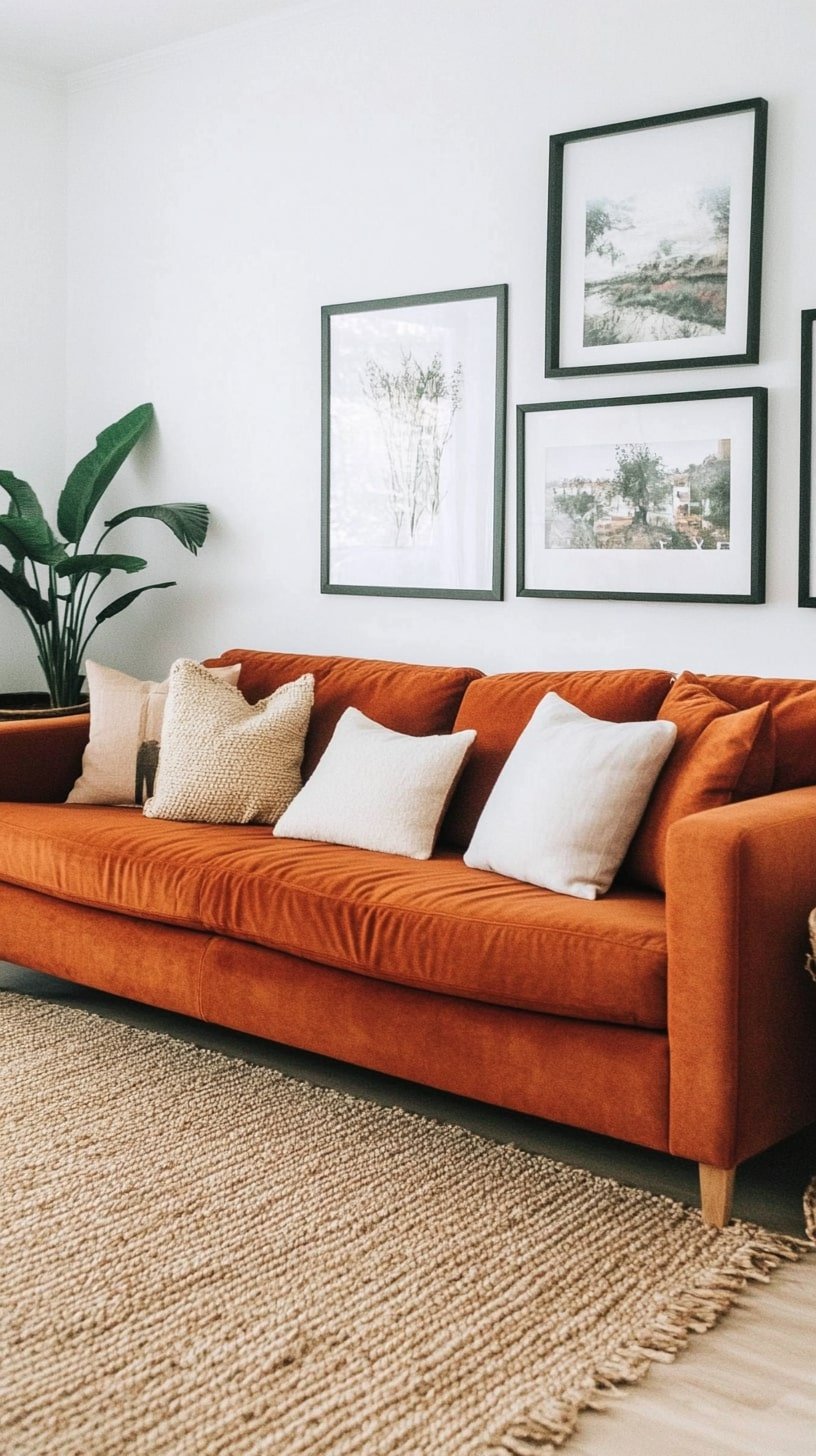 Burnt Orange Velvet Sofa with Boho Wall Art and Neutral Rug