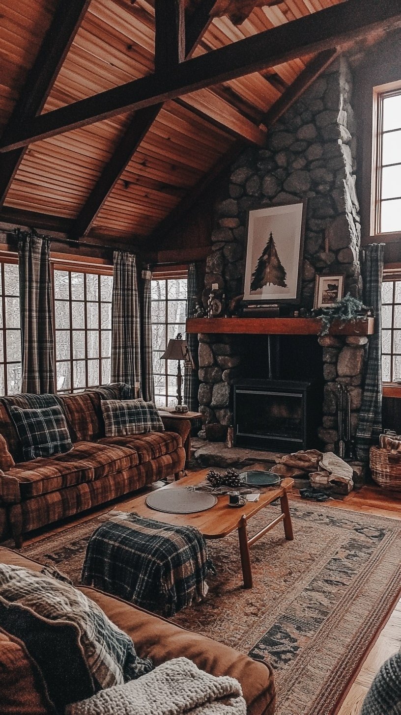 Cabin-Inspired Room with Stone Fireplace and Leather Sofa
