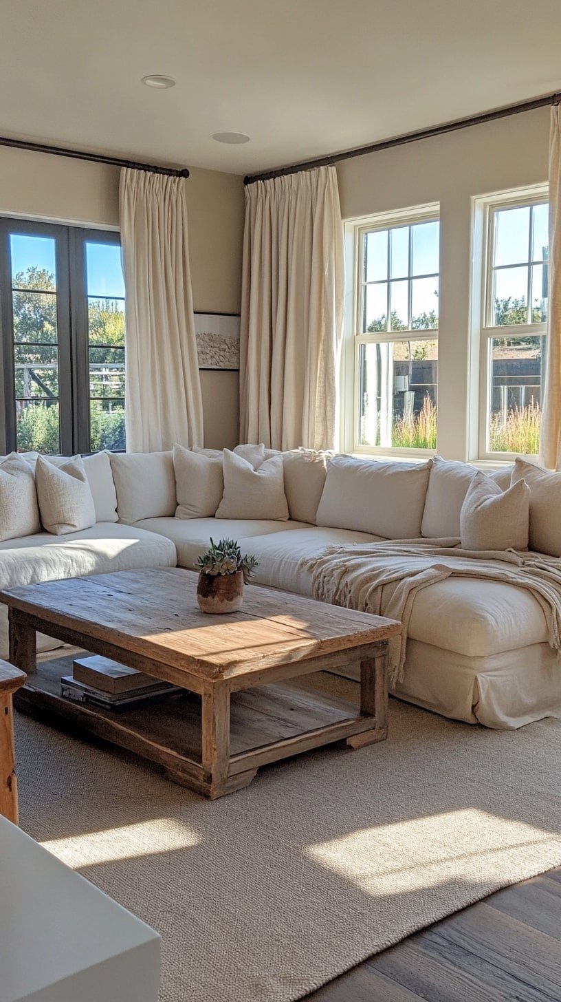 California-Style Living Room with Arched Windows and Soft Linen Drapes