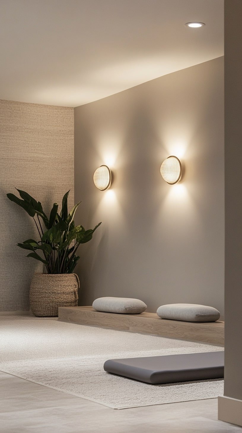 Calm Basement Yoga Room with Diffused Lighting