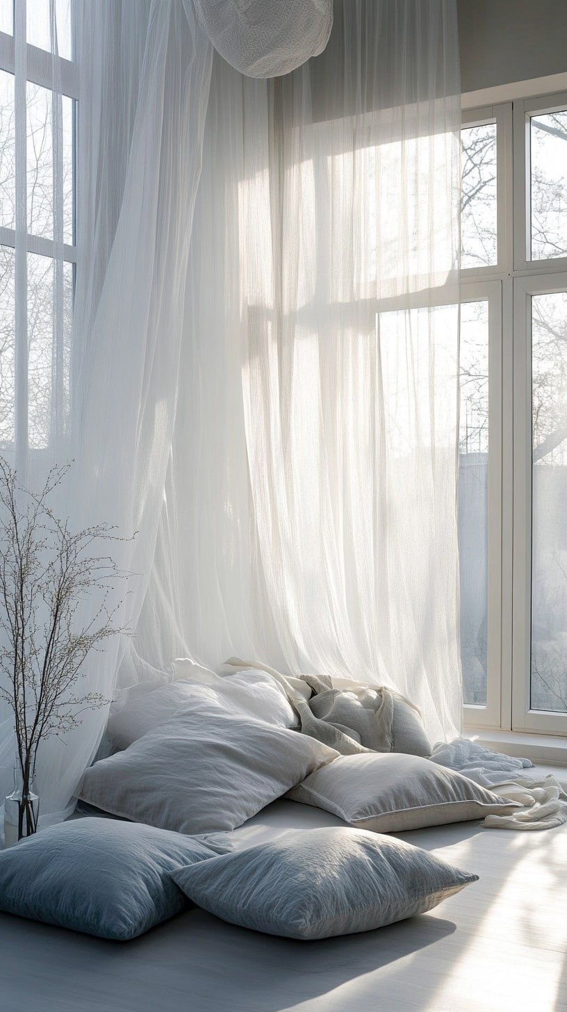 Calming Blue and Gray Yoga Space with Draped Curtains