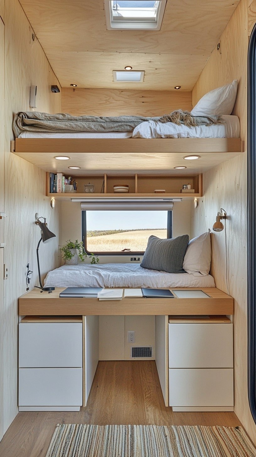 Camper Van with Pull-Out Work Table Under Bed Platform